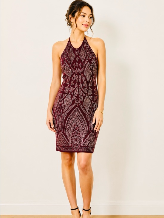 None Dresses & Skirts - HOST PICK - Classy Halter-neck Dress in Plum and Silver Sparkling Pattern